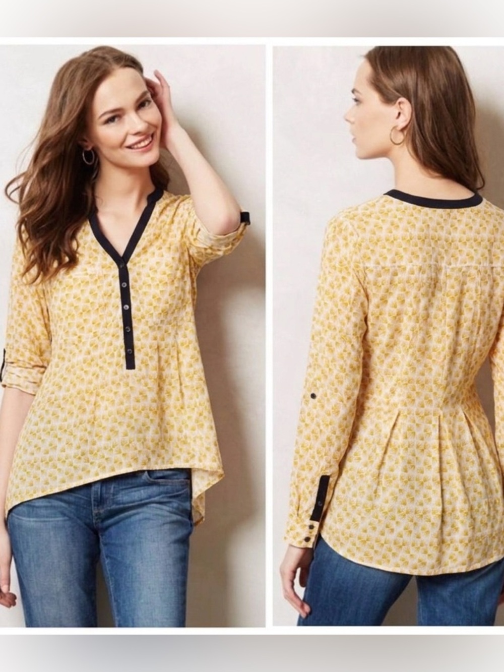 Anthropologie Yellow Motif Vanessa Virginia Honore Roll Tab Sleeve Blouse Size 4